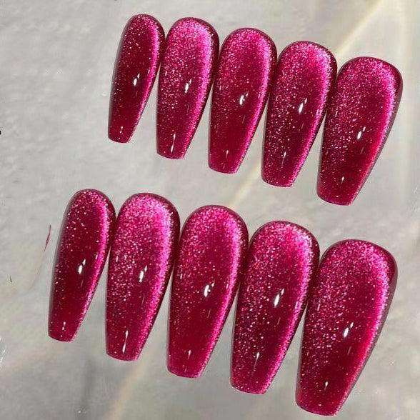 Designer: PinPin 1202.Handmade nails Press on Nails DIY Nail Art for woman girl cat's eyes red mauve Long Coffin
