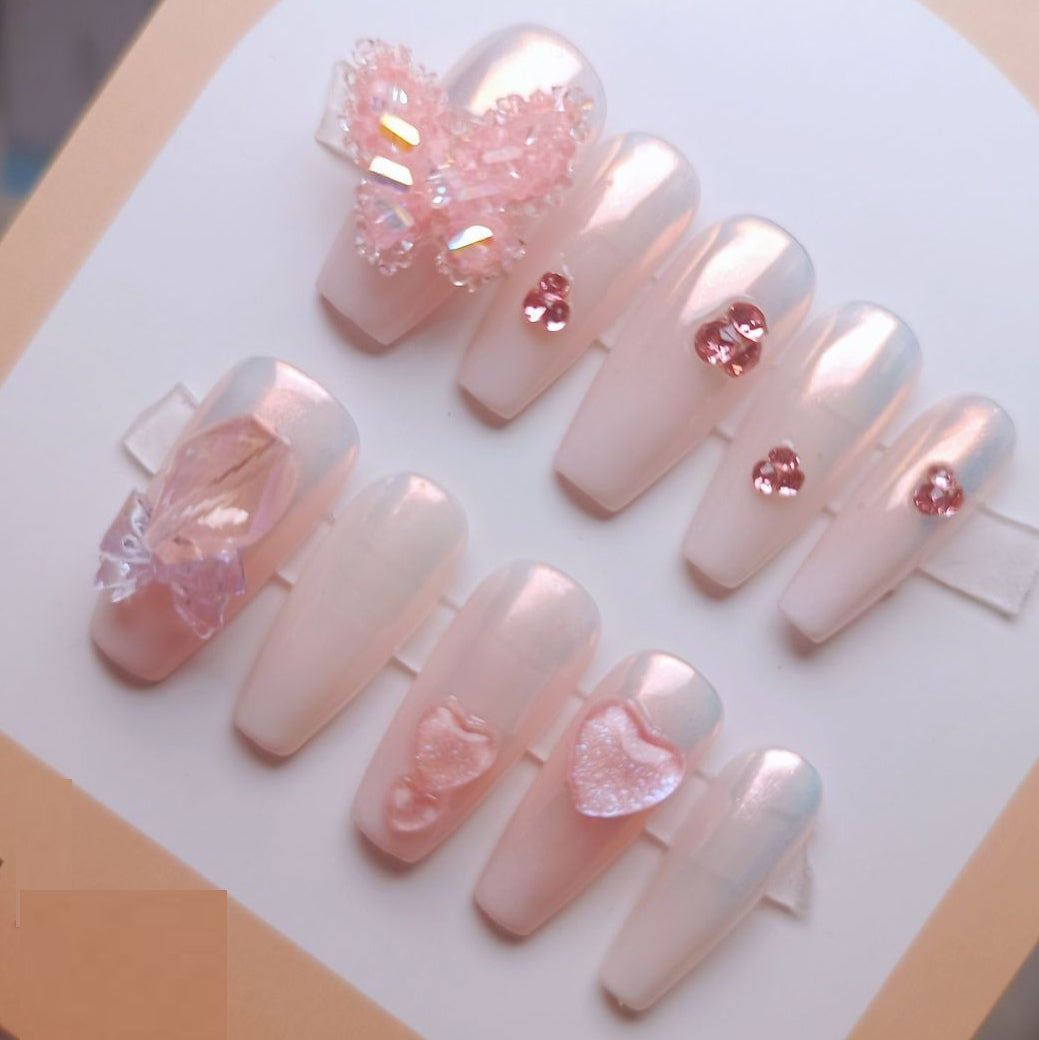 Designer: PinPin 3026.Handmade nails Press on Nails DIY Nail Art for woman girl Long Coffin pink