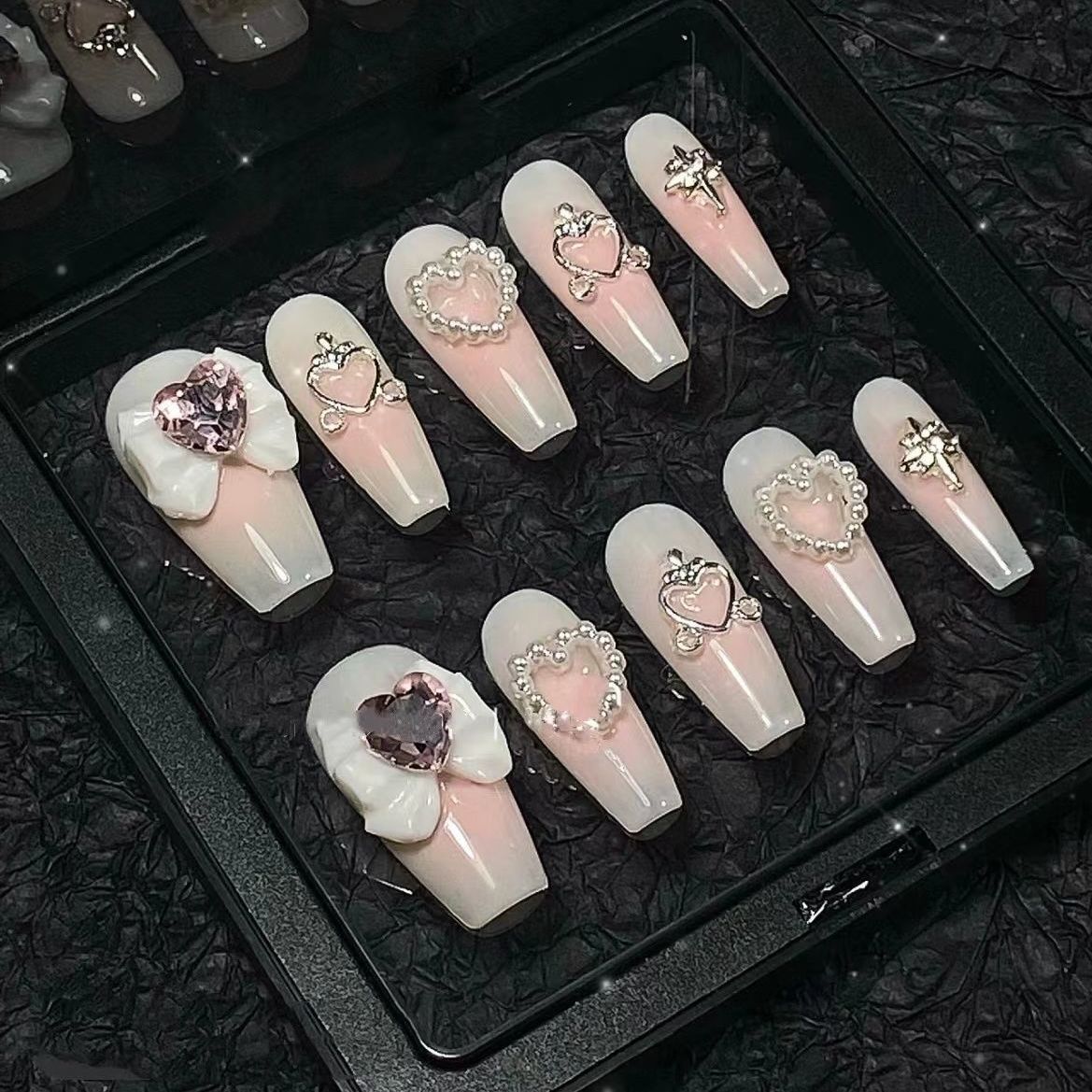 Designer: PinPin 1415.Handmade nails Press on Nails DIY Nail Art for woman girl Long Coffin pink Metal