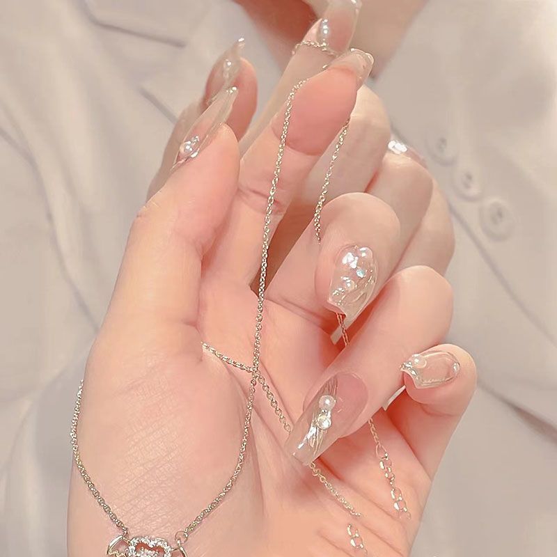 Designer: DuoDuo 1314.Handmade nails Press on Nails DIY Nail Art for woman girl Long Coffin pink wedding