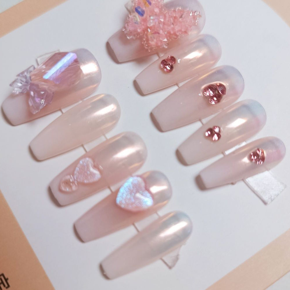 Designer: PinPin 3026.Handmade nails Press on Nails DIY Nail Art for woman girl Long Coffin pink