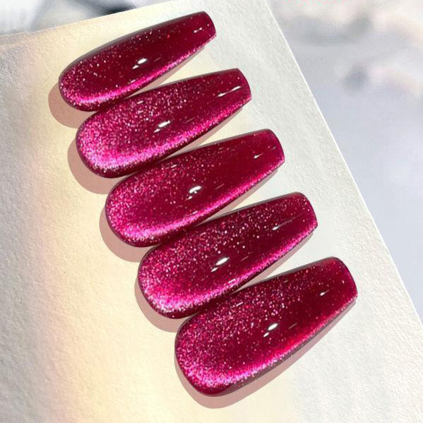 Designer: PinPin 1202.Handmade nails Press on Nails DIY Nail Art for woman girl cat's eyes red mauve Long Coffin