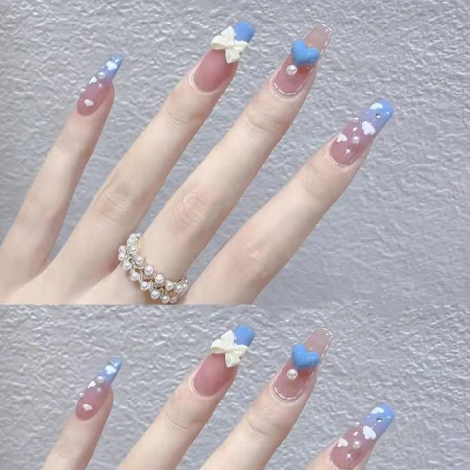 Designer: DuoDuo 1255.Handmade nails Press on Nails DIY Nail Art for woman girl Long Coffin pink blue