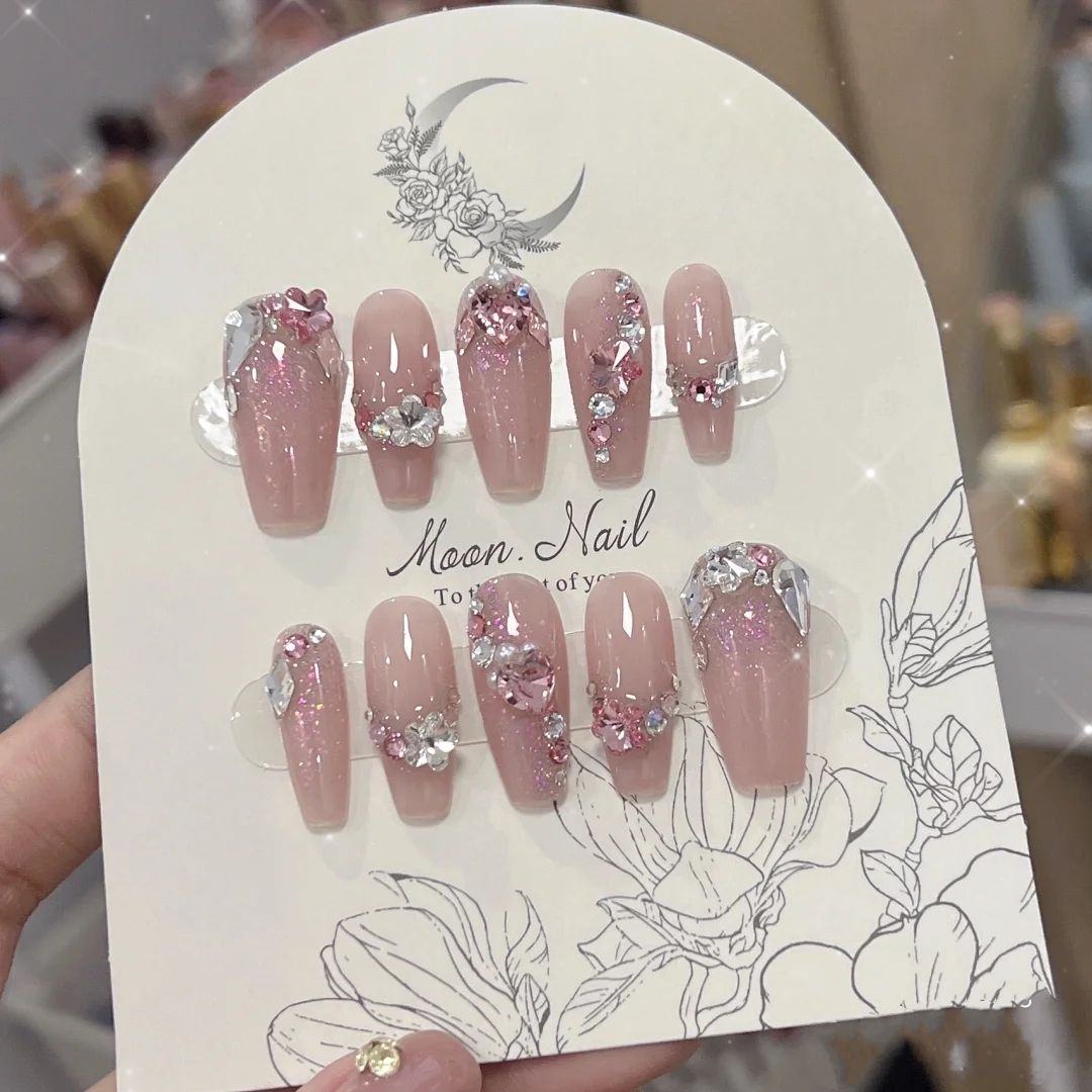 Designer: PinPin 1247.Handmade nails Press on Nails DIY Nail Art for woman girl Long Coffin rhinestone pink