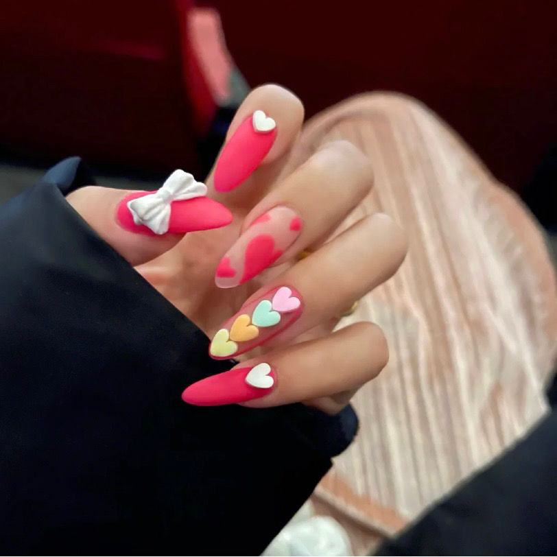 Designer: DuoDuo 1621.Handmade nails Press on Nails DIY Nail Art for woman girl Almond Long pink Cartoon