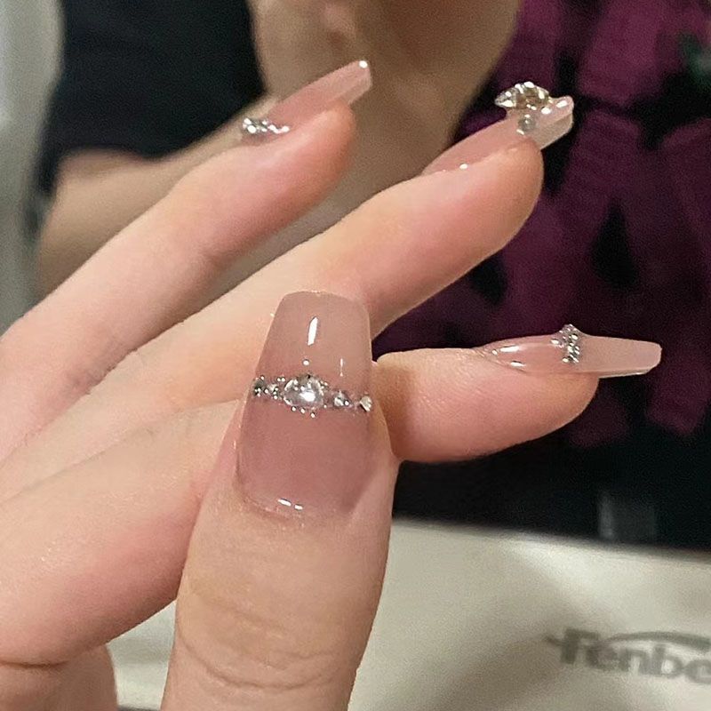 Designer: DuoDuo 1312.Handmade nails Press on Nails DIY Nail Art for woman girl Long Coffin rhinestone pink