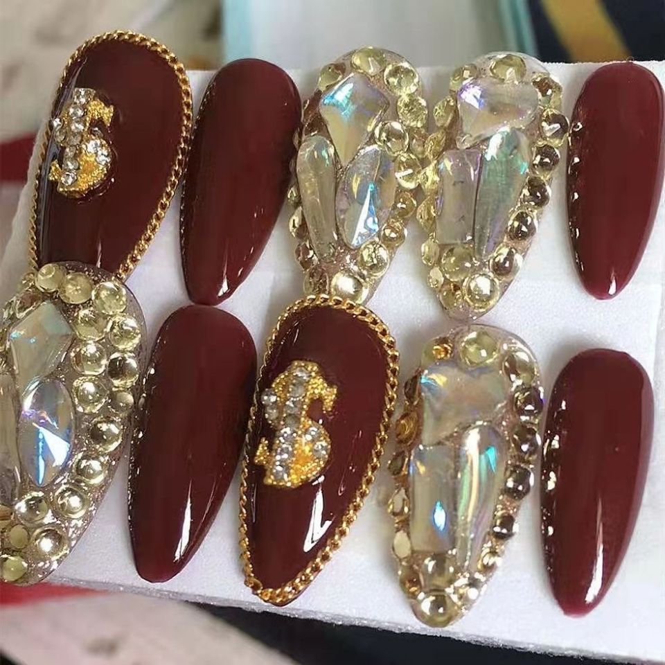 Designer: PinPin 1222.Handmade nails Press on Nails DIY Nail Art for woman girl Short rhinestone Almond
