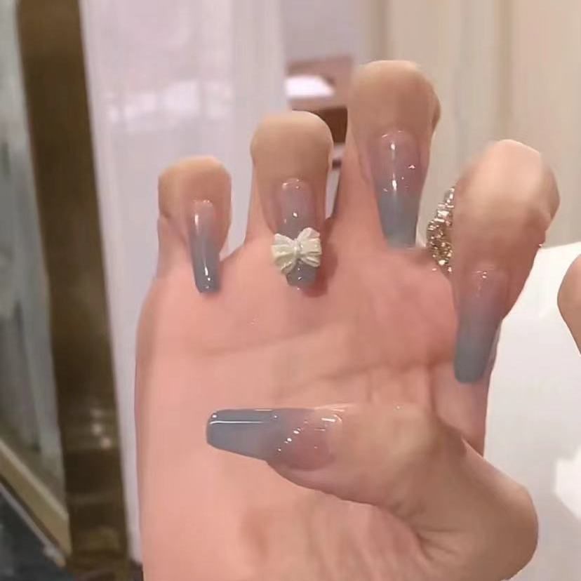 Designer: DuoDuo 3020.Handmade nails Press on Nails DIY Nail Art for woman girl French Long Coffin pink gray