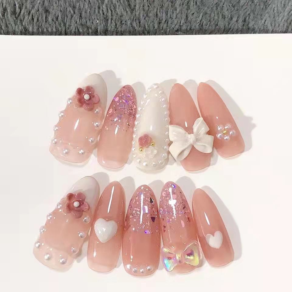 Designer: PinPin 1215.Handmade nails Press on Nails DIY Nail Art for woman girl Almond Long pink Cartoon