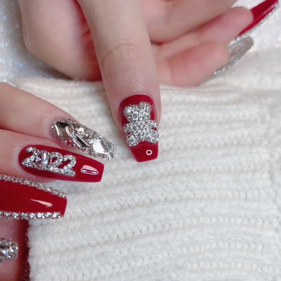 Designer: DuoDuo 1424.Handmade nails Press on Nails DIY Nail Art for woman girl Long Coffin red Shining rhinestone