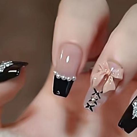 Designer: DuoDuo 1240.Handmade nails Press on Nails DIY Nail Art for woman girl Long Coffin pink black