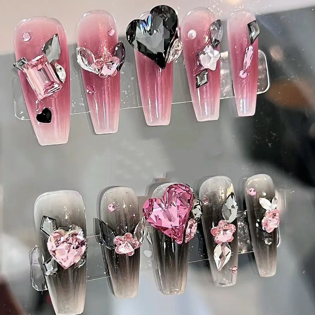 Designer: PinPin 1264.Handmade nails Press on Nails DIY Nail Art for woman girl rhinestone Long Coffin pink black
