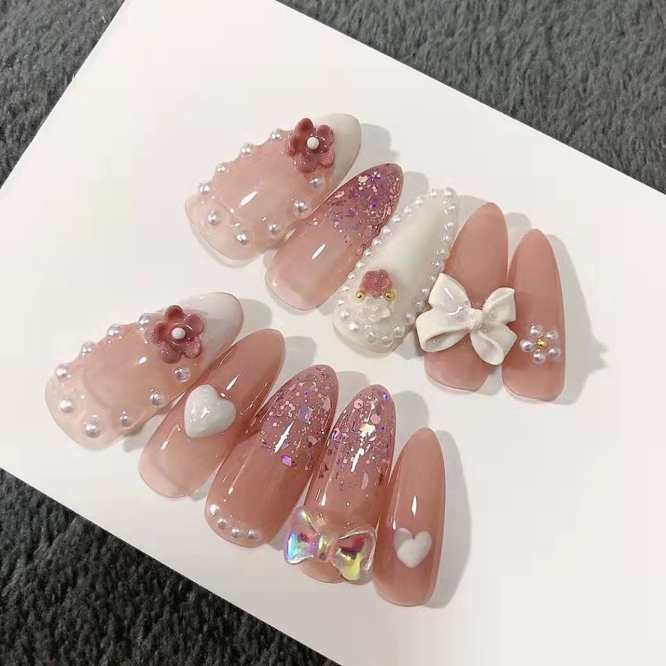 Designer: PinPin 1215.Handmade nails Press on Nails DIY Nail Art for woman girl Almond Long pink Cartoon