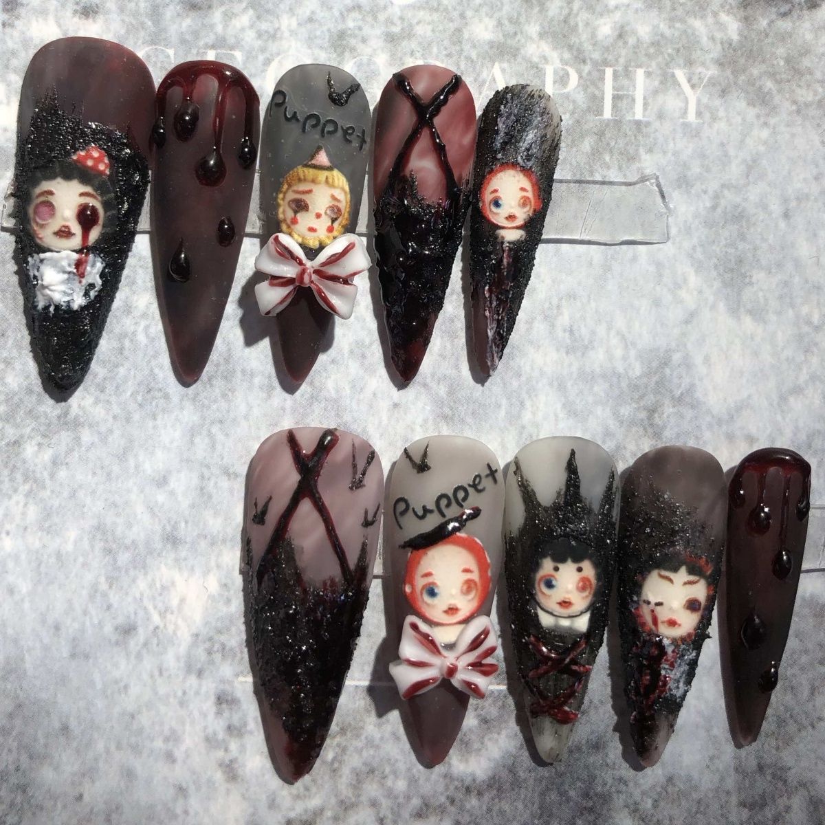 Designer: PinPin 1006.Handmade nails Press on Nails DIY Nail Art for woman girl Almond Long brown Cartoon
