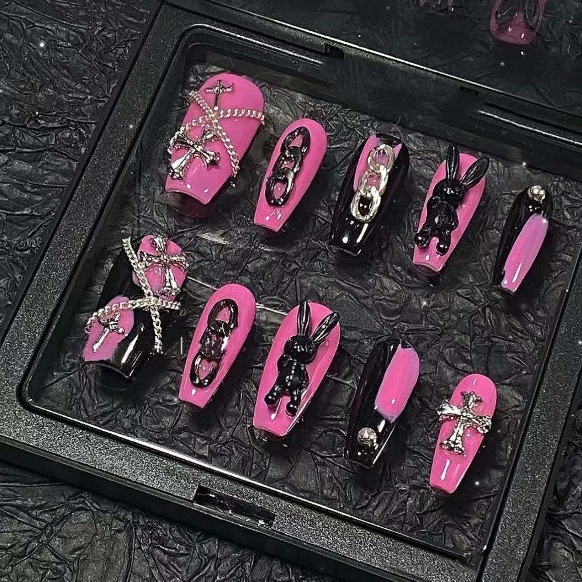 Designer: PinPin 1422.Handmade nails Press on Nails DIY Nail Art for woman girl Long Coffin pink Metal
