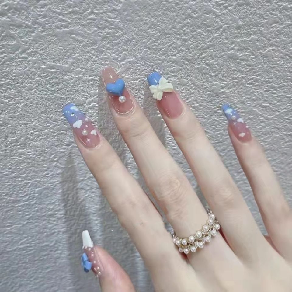 Designer: DuoDuo 1255.Handmade nails Press on Nails DIY Nail Art for woman girl Long Coffin pink blue