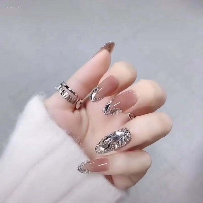 Designer: DuoDuo 1313.Handmade nails Press on Nails DIY Nail Art for woman girl Long Almond rhinestone pink