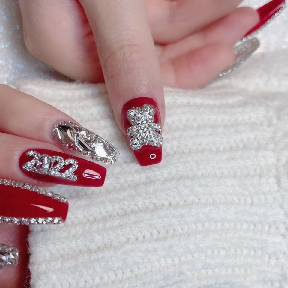 Designer: DuoDuo 1424.Handmade nails Press on Nails DIY Nail Art for woman girl Long Coffin red Shining rhinestone
