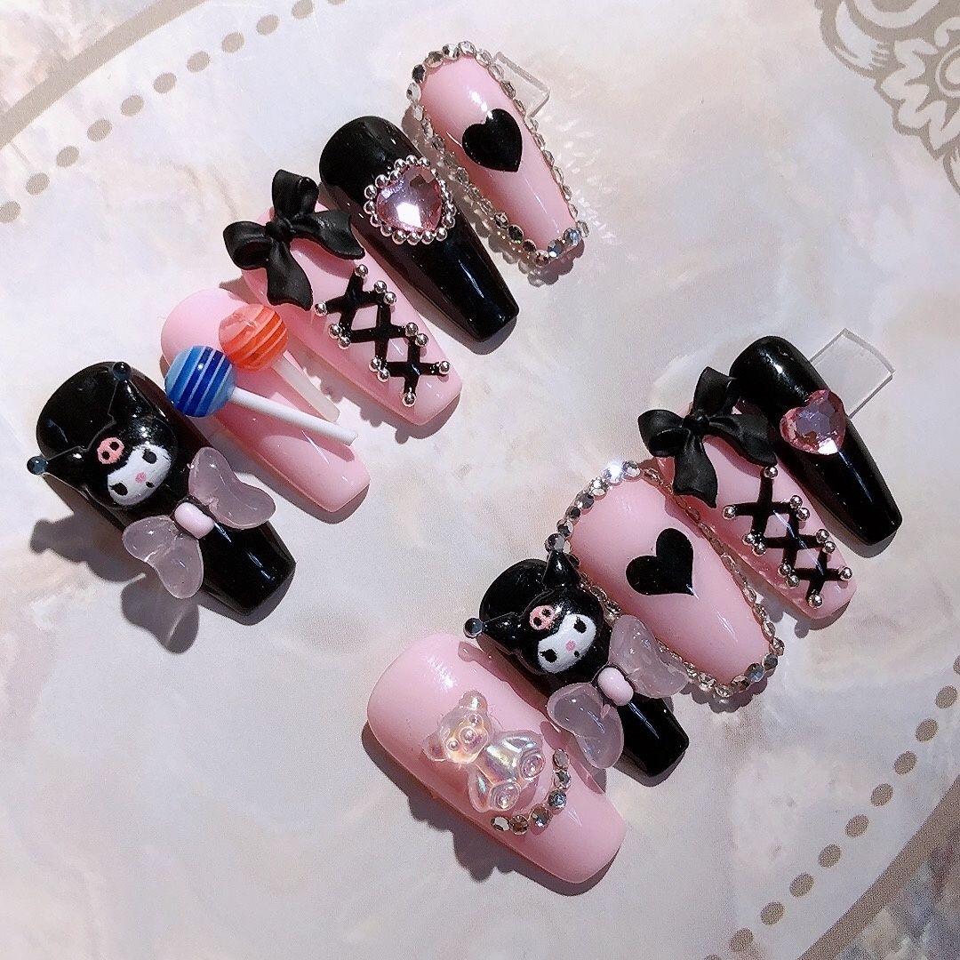 Designer: PinPin 1014.Handmade nails Press on Nails DIY Nail Art for woman girl Long Coffin pink black Cartoon