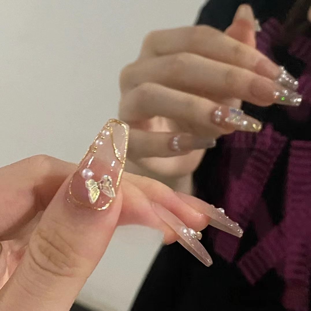 Designer: DuoDuo 1302.Handmade nails Press on Nails DIY Nail Art for woman girl Long Coffin wedding pink