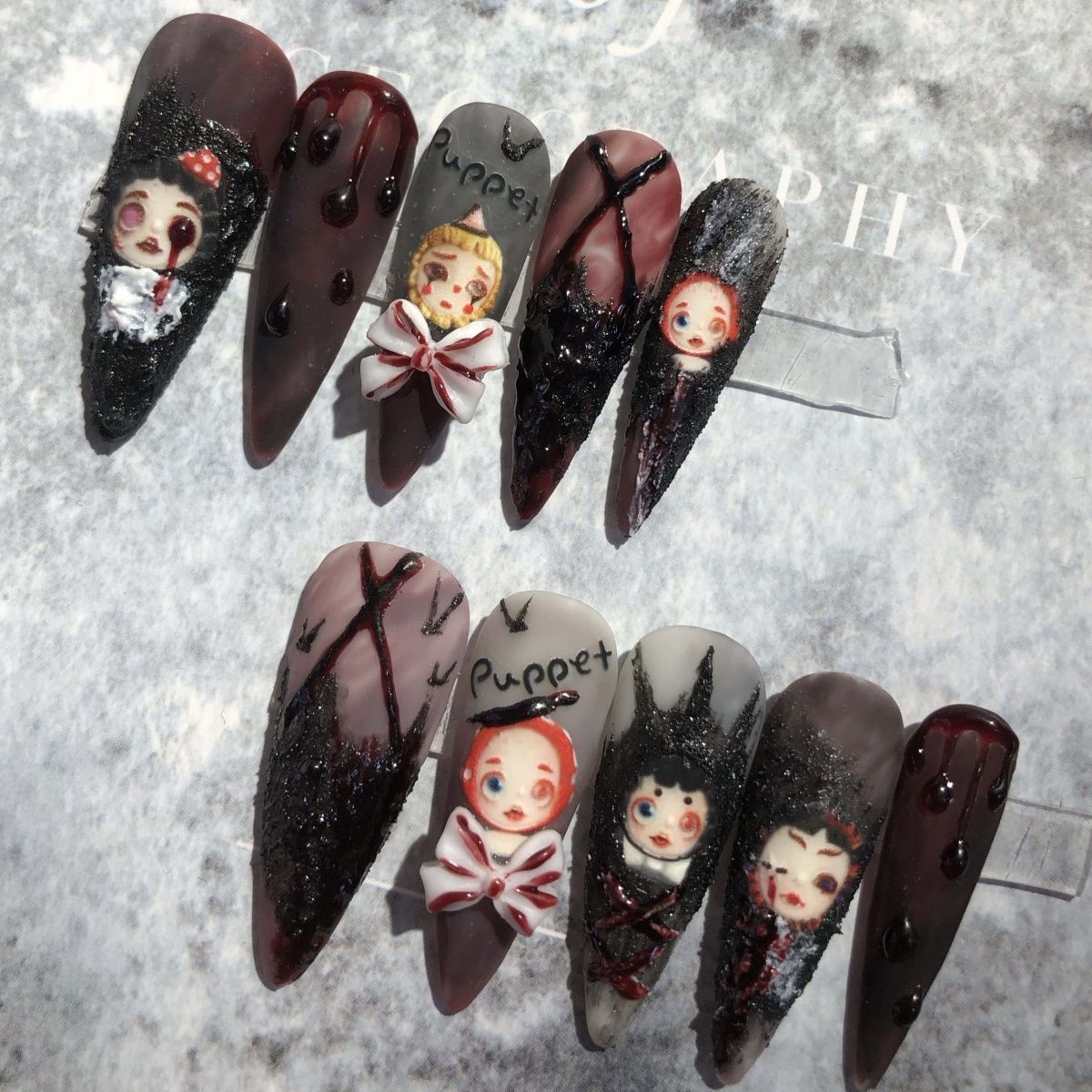 Designer: PinPin 1006.Handmade nails Press on Nails DIY Nail Art for woman girl Almond Long brown Cartoon