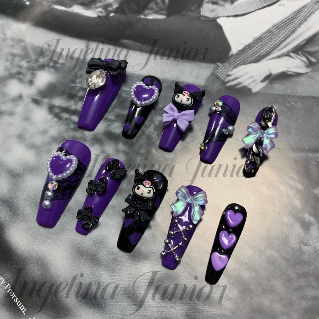 Designer: DuoDuo 1401.Handmade nails Press on Nails DIY Nail Art for woman girl Long Coffin purple Cartoon