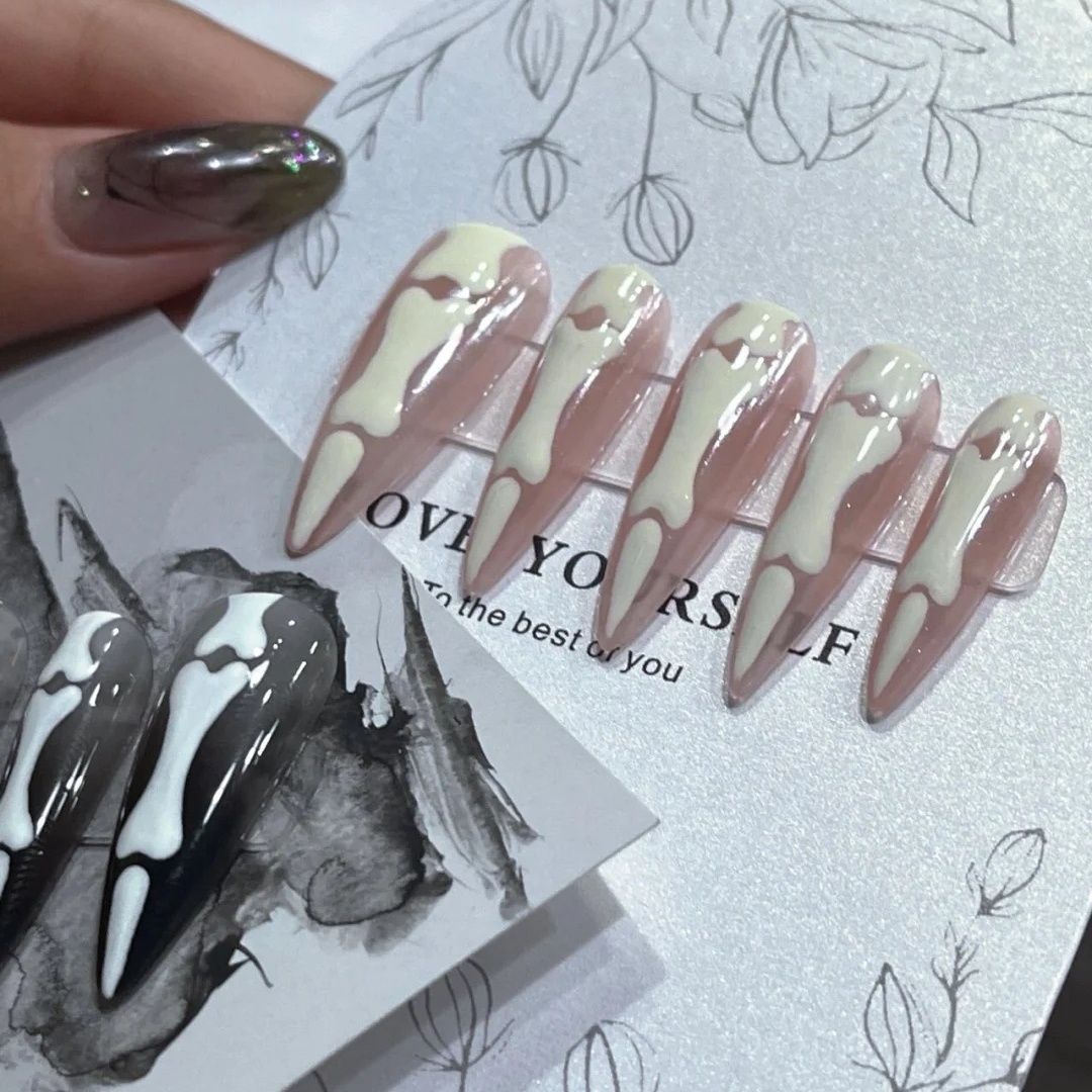 Designer: PinPin 1600.Handmade nails Press on Nails DIY Nail Art for woman girl Luminous Nail Art Almond Long pink black