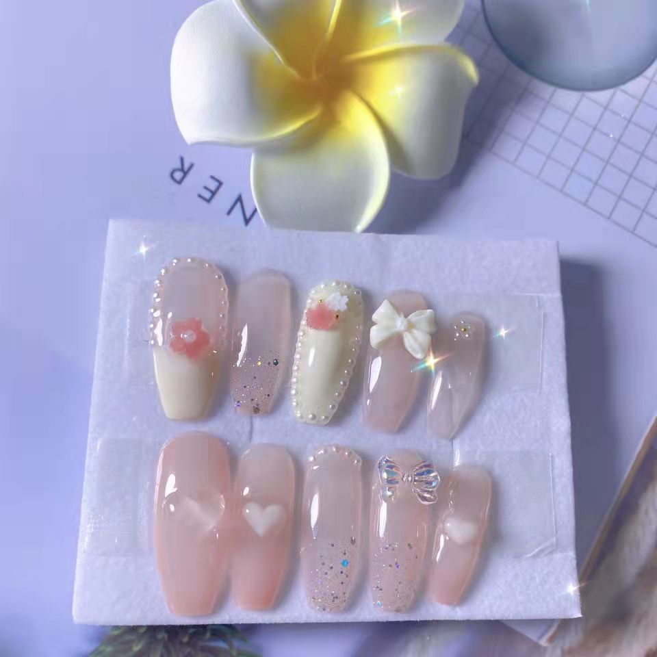 Designer: PinPin 1215.Handmade nails Press on Nails DIY Nail Art for woman girl Almond Long pink Cartoon