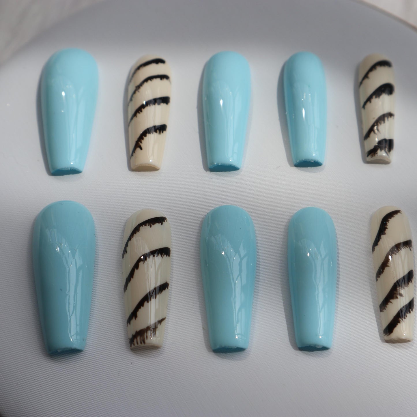 Designer: XinXin 79.Blue long T handmade nails Press on Nails DIY Nail