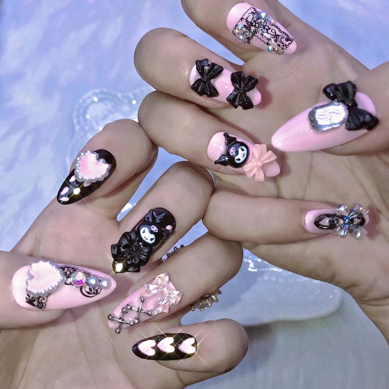 Designer: XinXin 86-88. Kuromi pink purple black handmade nails Press on Nails DIY Nail Art 87