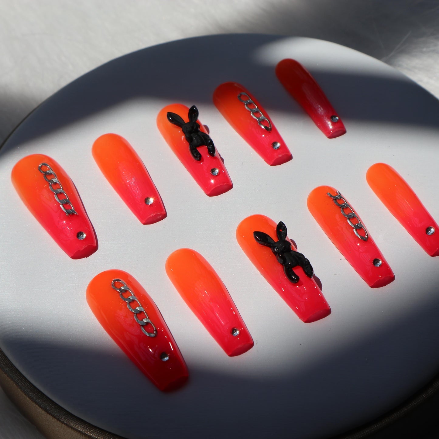 Designer: XinXin 82.Fluorescent orange bunny rhinestone long T handmade nails Press on Nails DIY Nail
