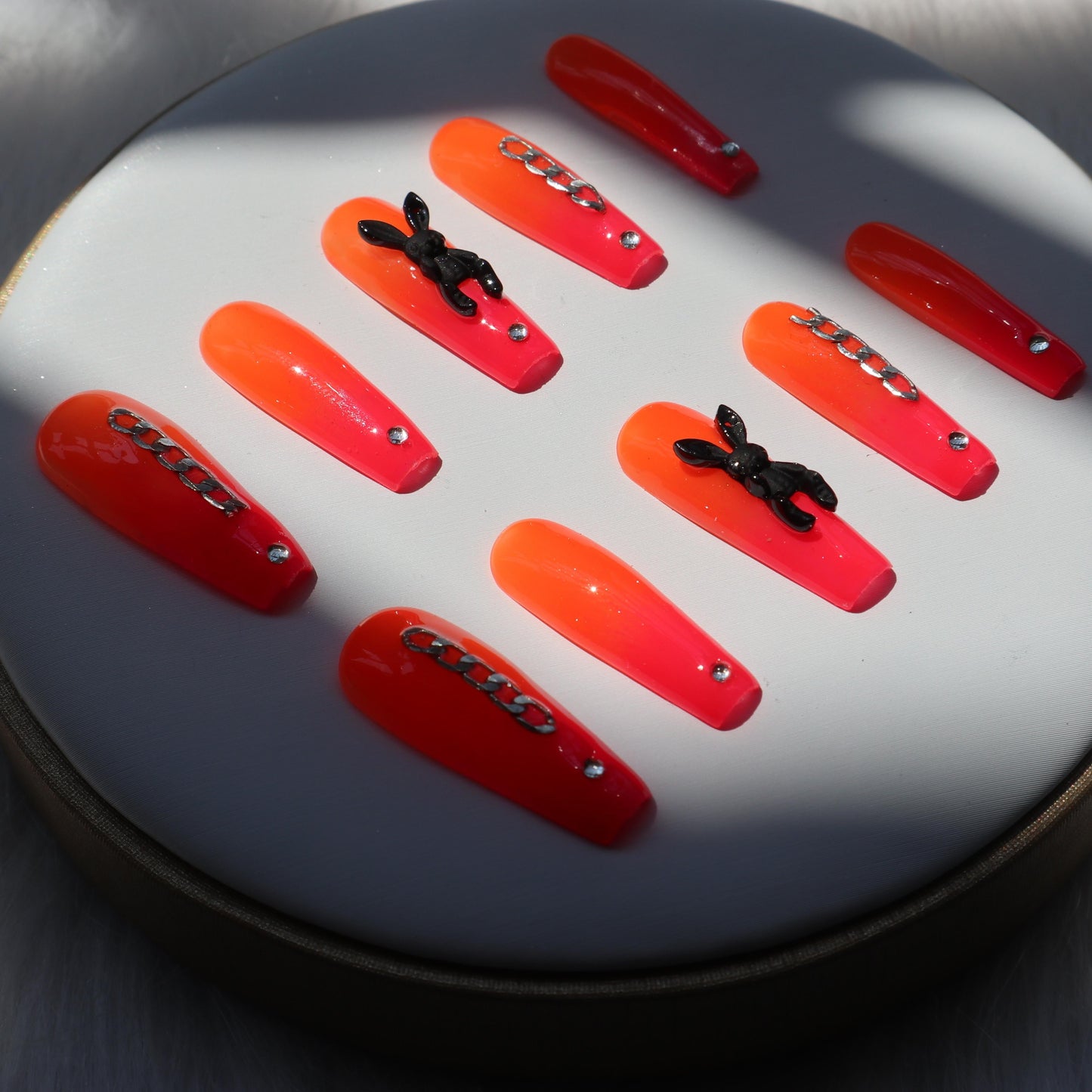 Designer: XinXin 82.Fluorescent orange bunny rhinestone long T handmade nails Press on Nails DIY Nail