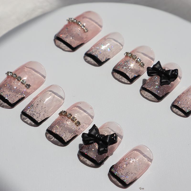 Designer: XinXin 37.Pink rhinestones black bow-knot short handmade nails Press on Nails DIY Nail Art