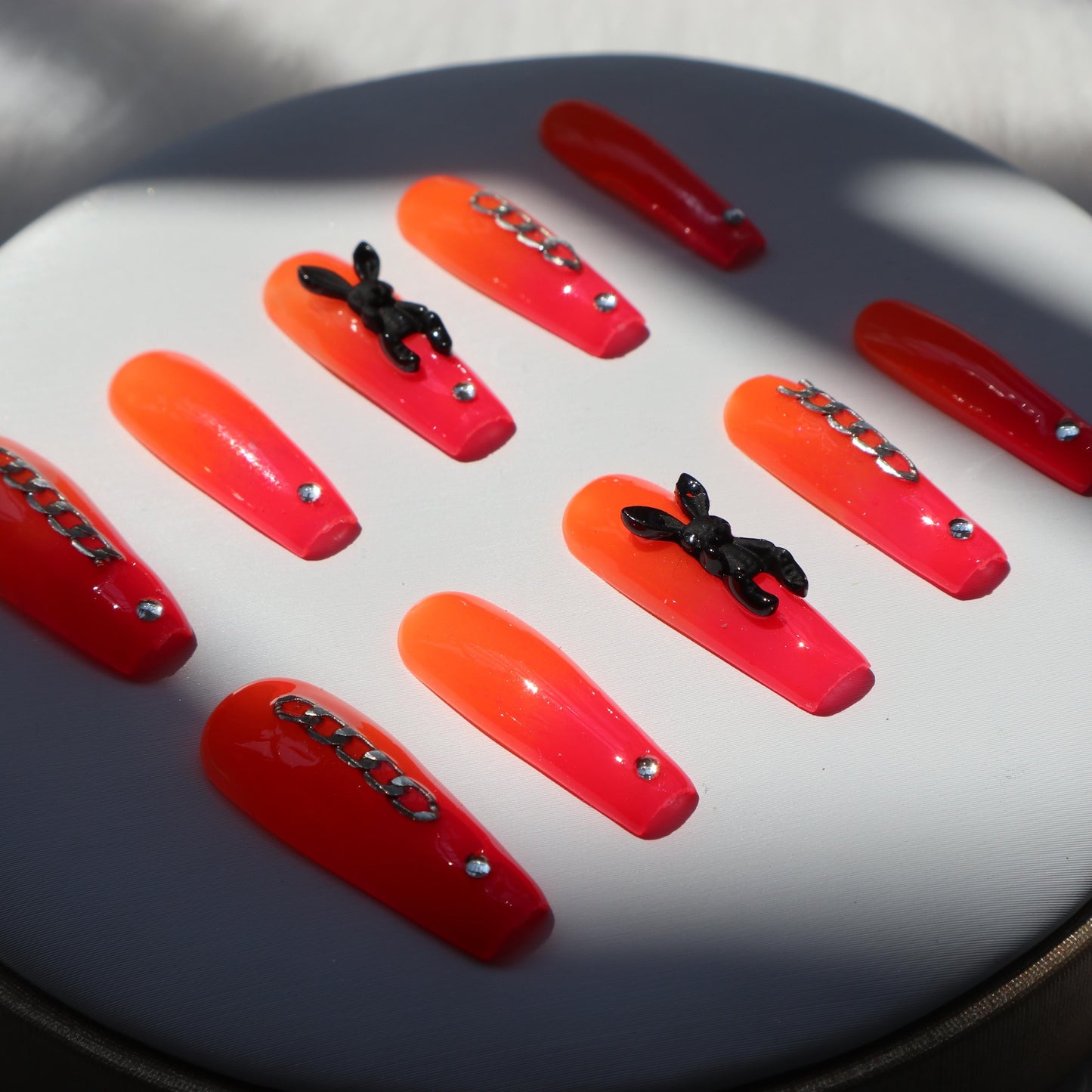 Designer: XinXin 82.Fluorescent orange bunny rhinestone long T handmade nails Press on Nails DIY Nail