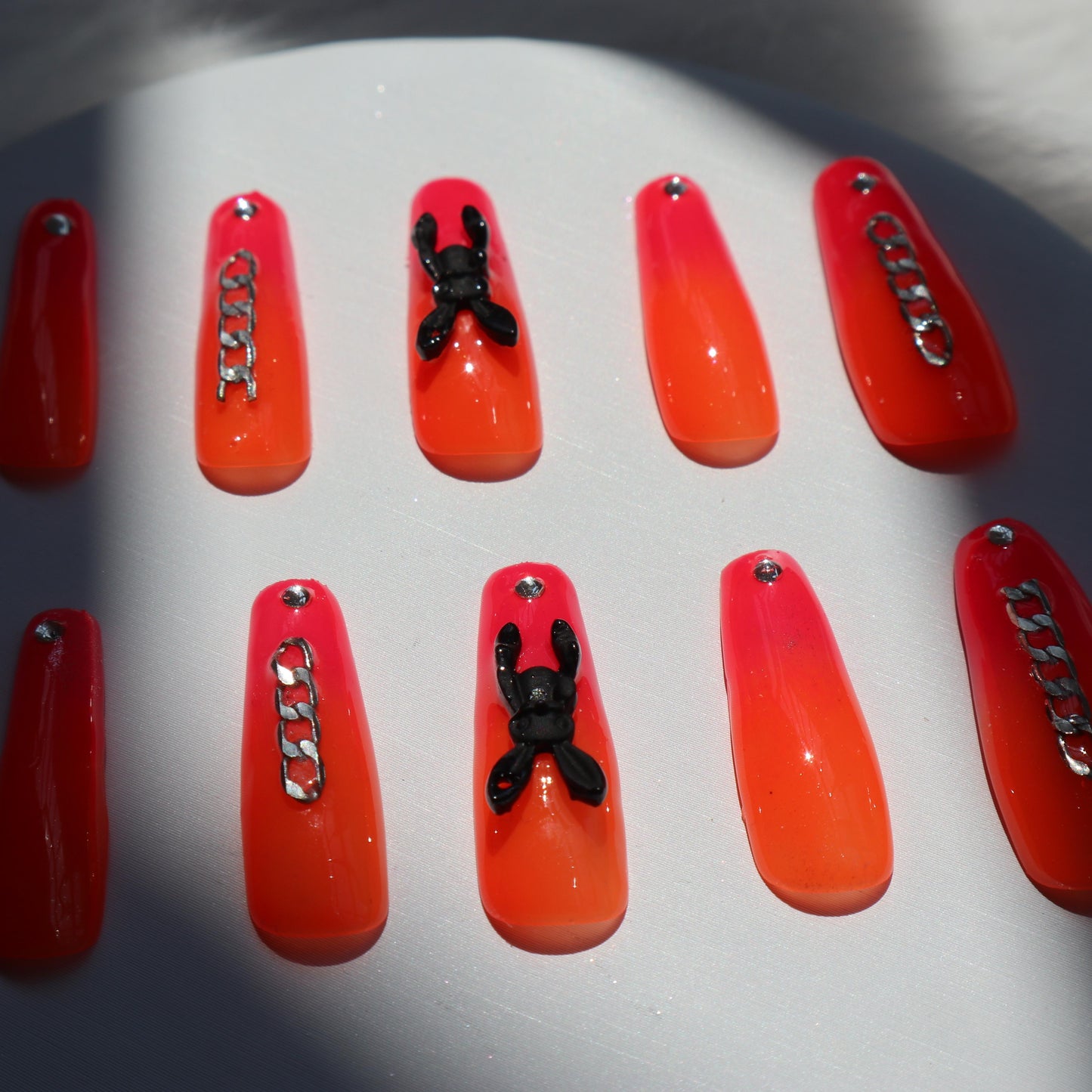 Designer: XinXin 82.Fluorescent orange bunny rhinestone long T handmade nails Press on Nails DIY Nail