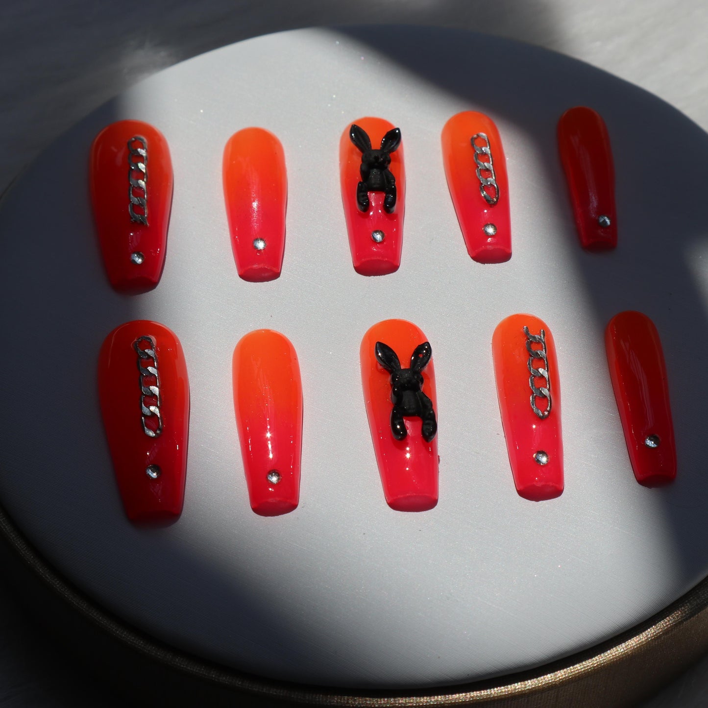 Designer: XinXin 82.Fluorescent orange bunny rhinestone long T handmade nails Press on Nails DIY Nail
