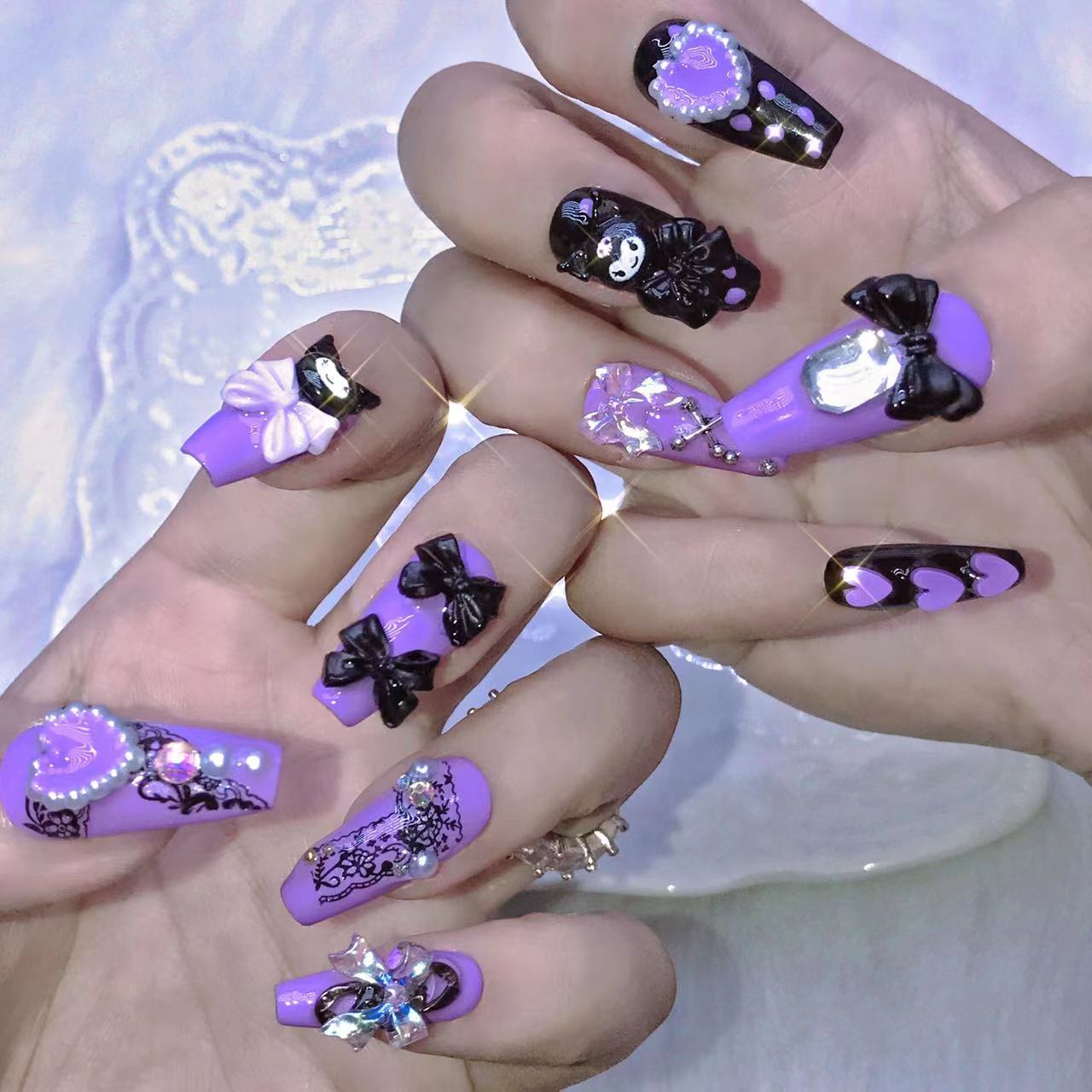 Designer: XinXin 86-88. Kuromi pink purple black handmade nails Press on Nails DIY Nail Art 87