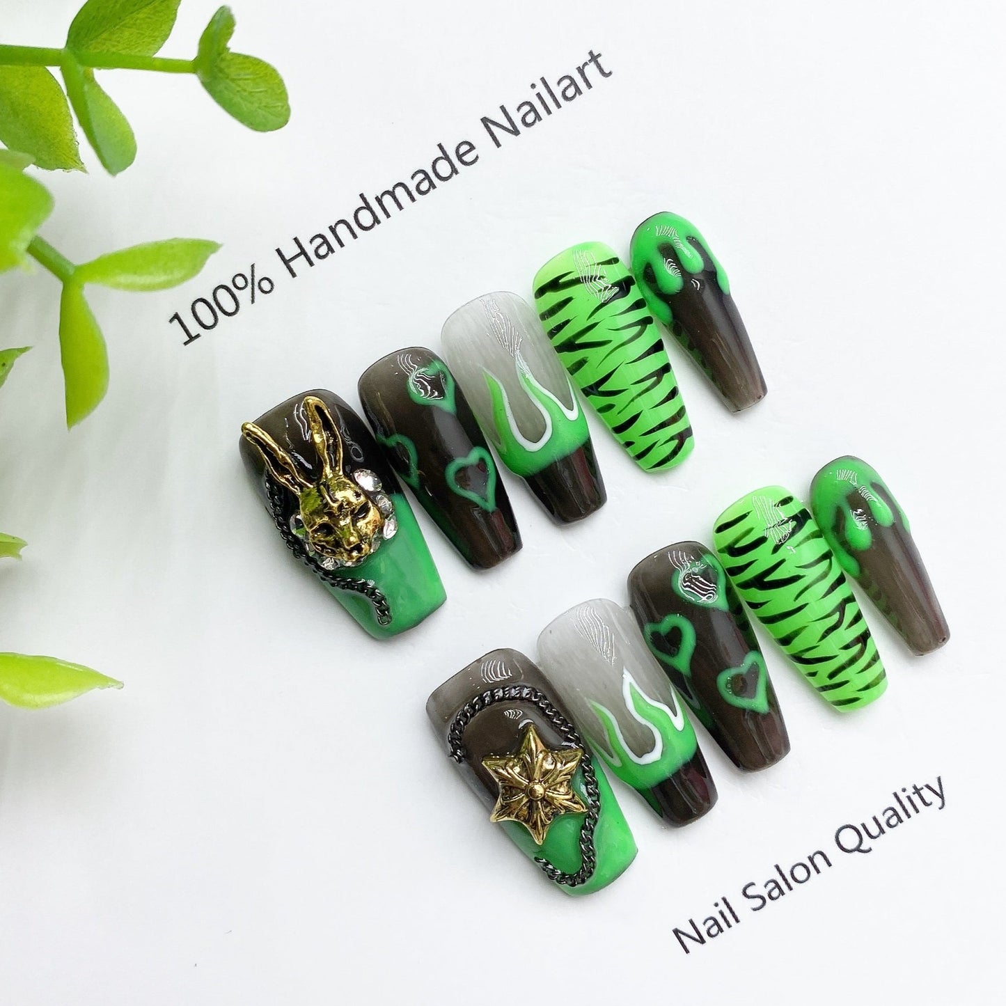 Handmade Nails Press on Nails DIY Nail Art for Woman Girl Nail Design Long Coffin Green 2023