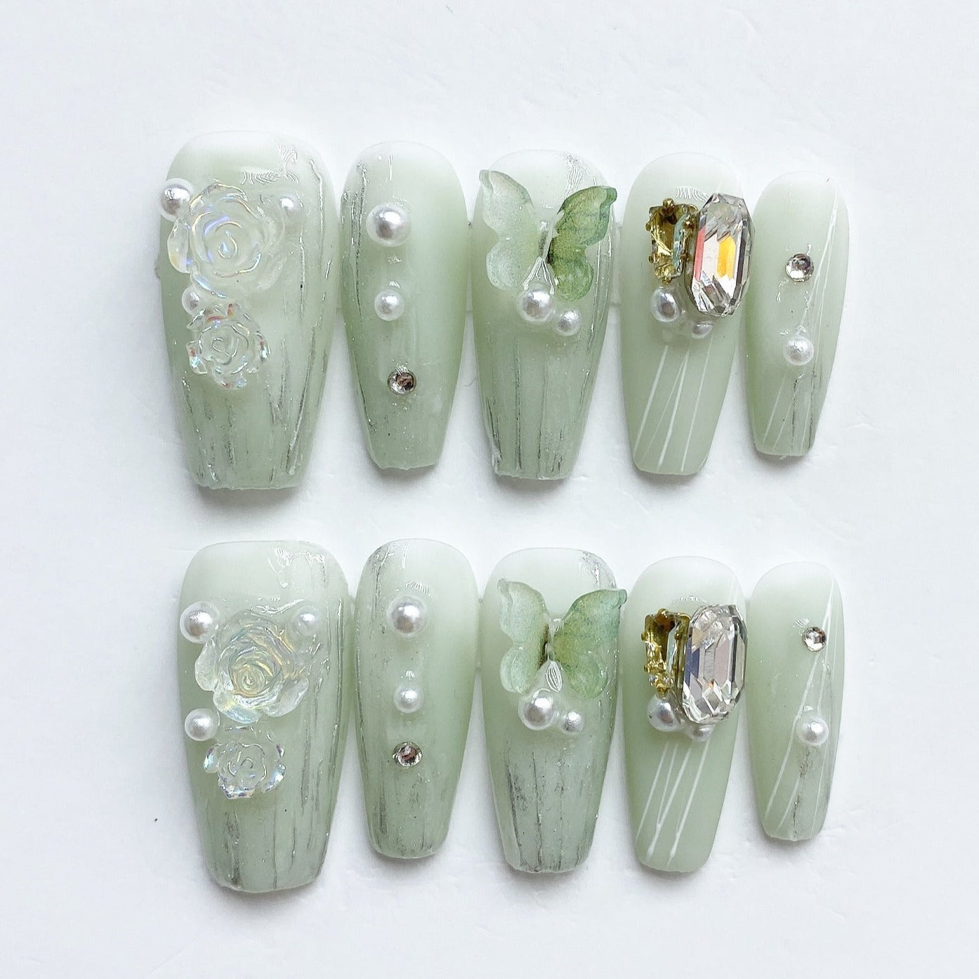 Handmade Nails Press on Nails DIY Nail Art for Woman Girl Nail Design Long Coffin Light Green 2023