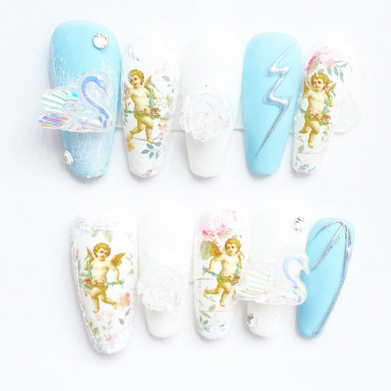 Handmade Nails Press on Nails DIY Nail Art for Woman Girl Nail Design Long Coffin Blue 2023