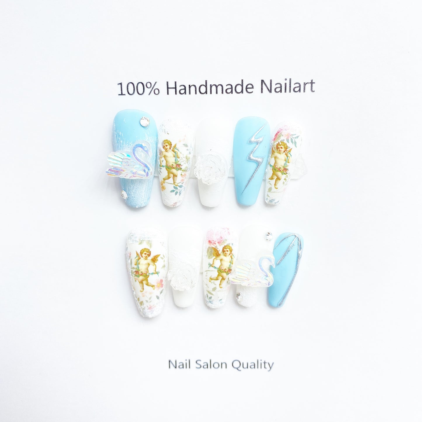 Handmade Nails Press on Nails DIY Nail Art for Woman Girl Nail Design Long Coffin Blue 2023
