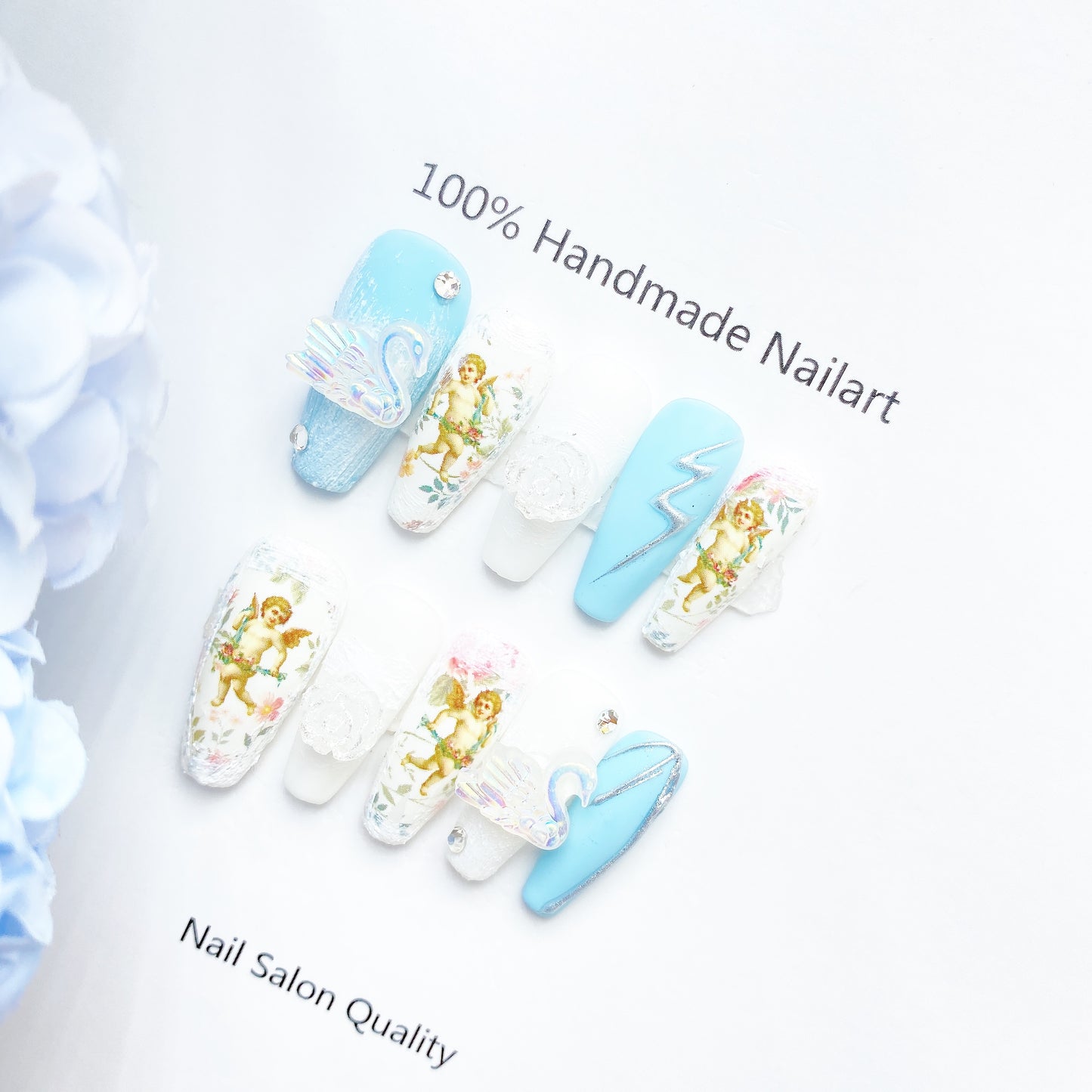 Handmade Nails Press on Nails DIY Nail Art for Woman Girl Nail Design Long Coffin Blue 2023