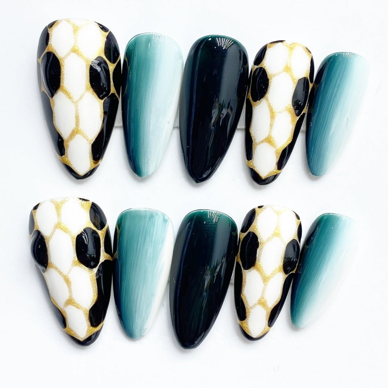 Handmade Nails Press on Nails DIY Nail Art for Woman Girl Nail Design Long Coffin Snake Blue 2023