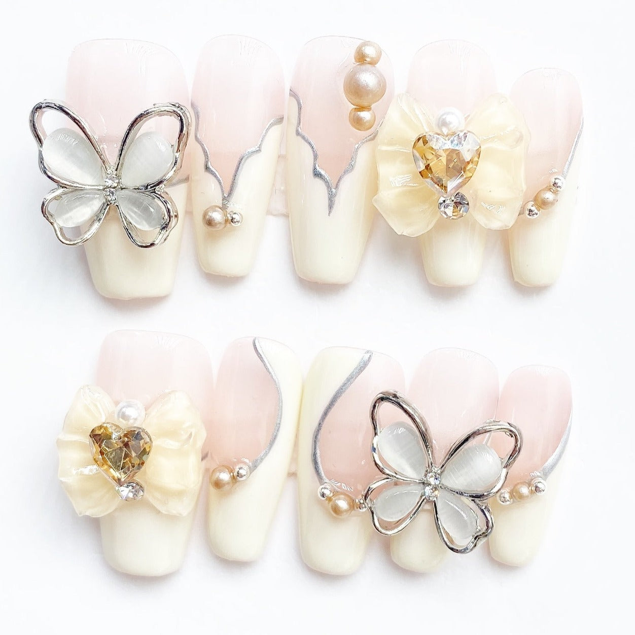 Handmade Nails Press on Nails DIY Nail Art for Woman Girl Nail Design Long Coffin Pink White Butterfly 2023