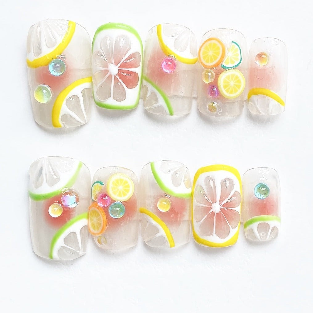 Handmade Nails Press on Nails DIY Nail Art for Woman Girl Nail Design Long Coffin Transparent Lemon 2023