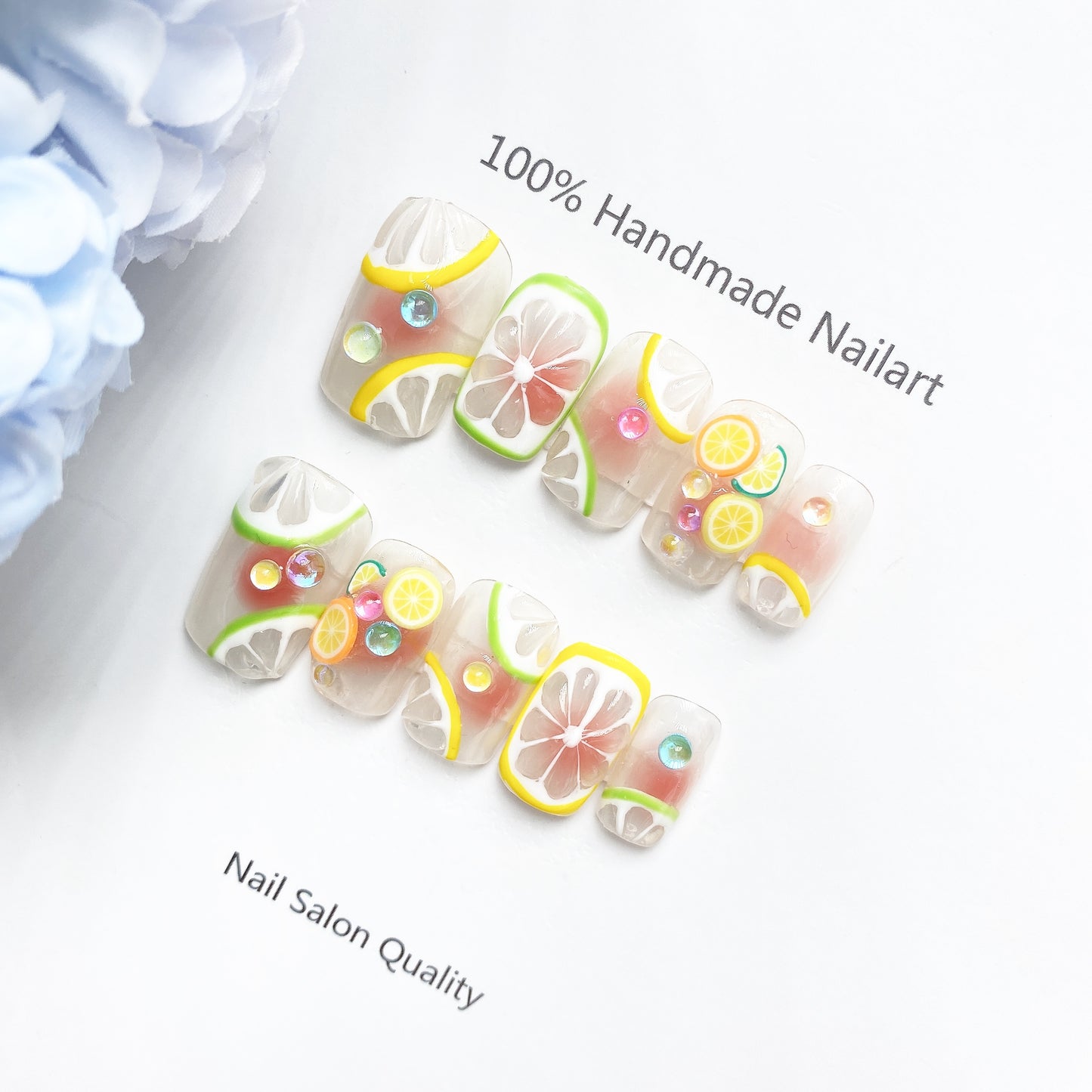 Handmade Nails Press on Nails DIY Nail Art for Woman Girl Nail Design Long Coffin Transparent Lemon 2023