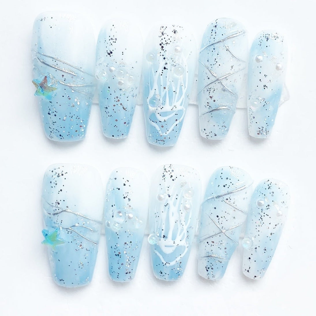 Handmade Nails Press on Nails DIY Nail Art for Woman Girl Nail Design Long Coffin Blue 2023