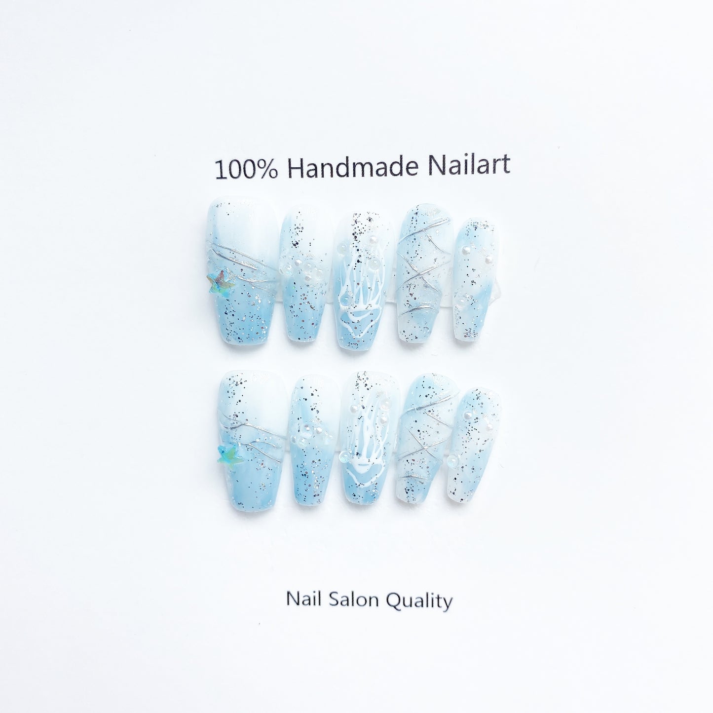 Handmade Nails Press on Nails DIY Nail Art for Woman Girl Nail Design Long Coffin Blue 2023