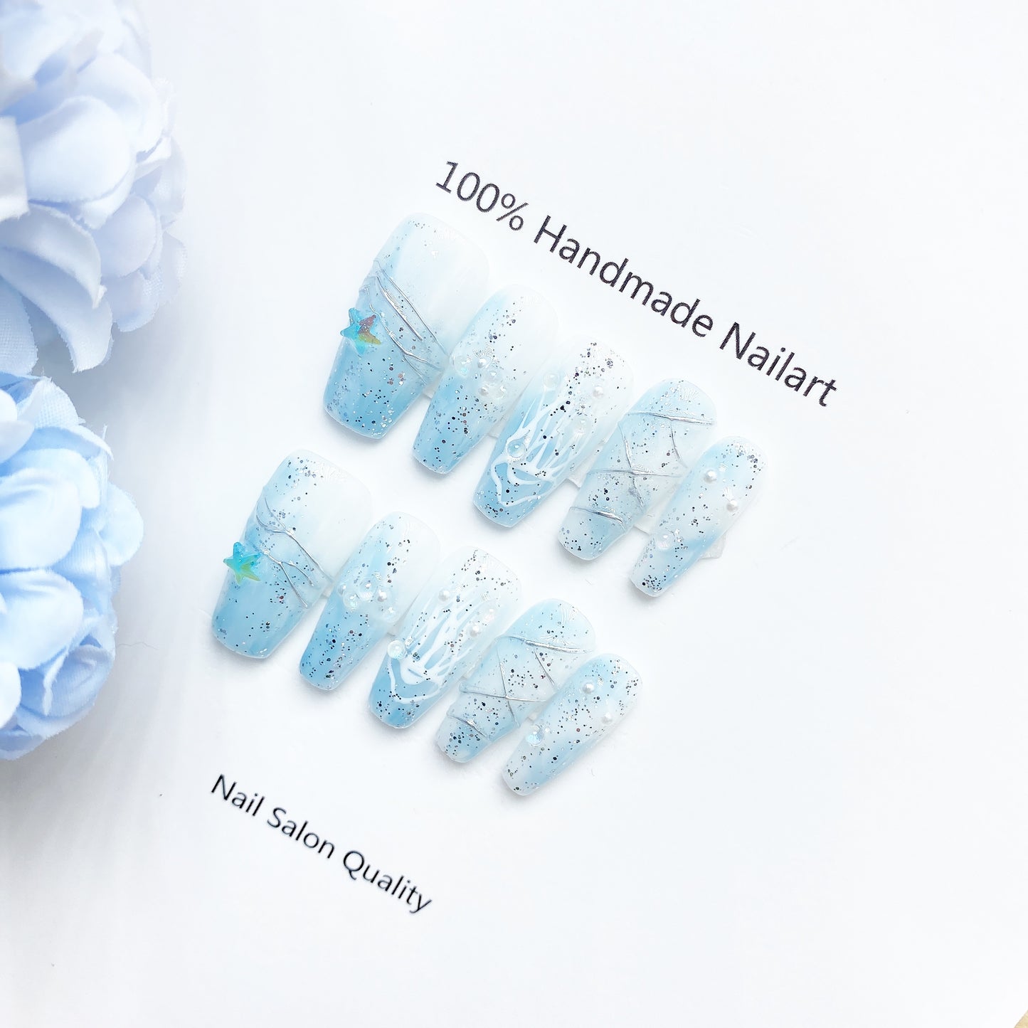 Handmade Nails Press on Nails DIY Nail Art for Woman Girl Nail Design Long Coffin Blue 2023