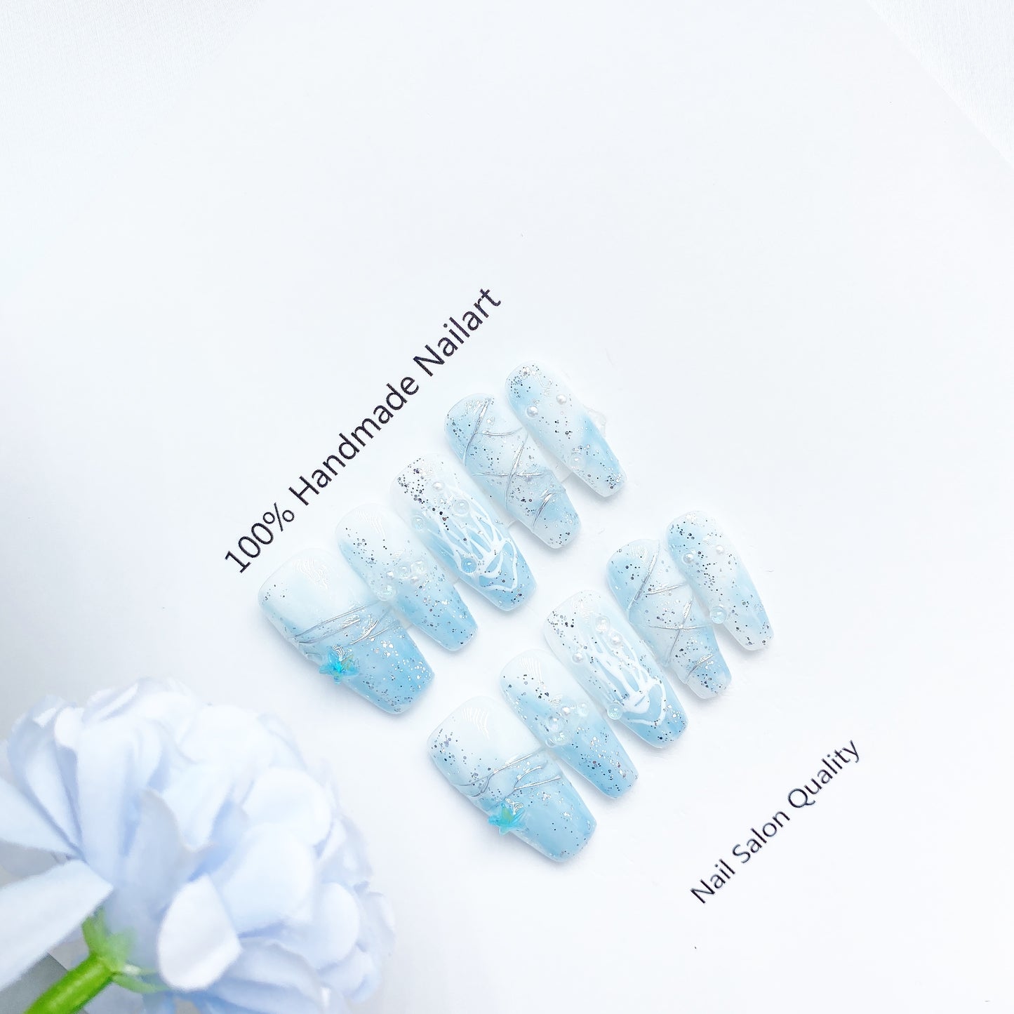 Handmade Nails Press on Nails DIY Nail Art for Woman Girl Nail Design Long Coffin Blue 2023